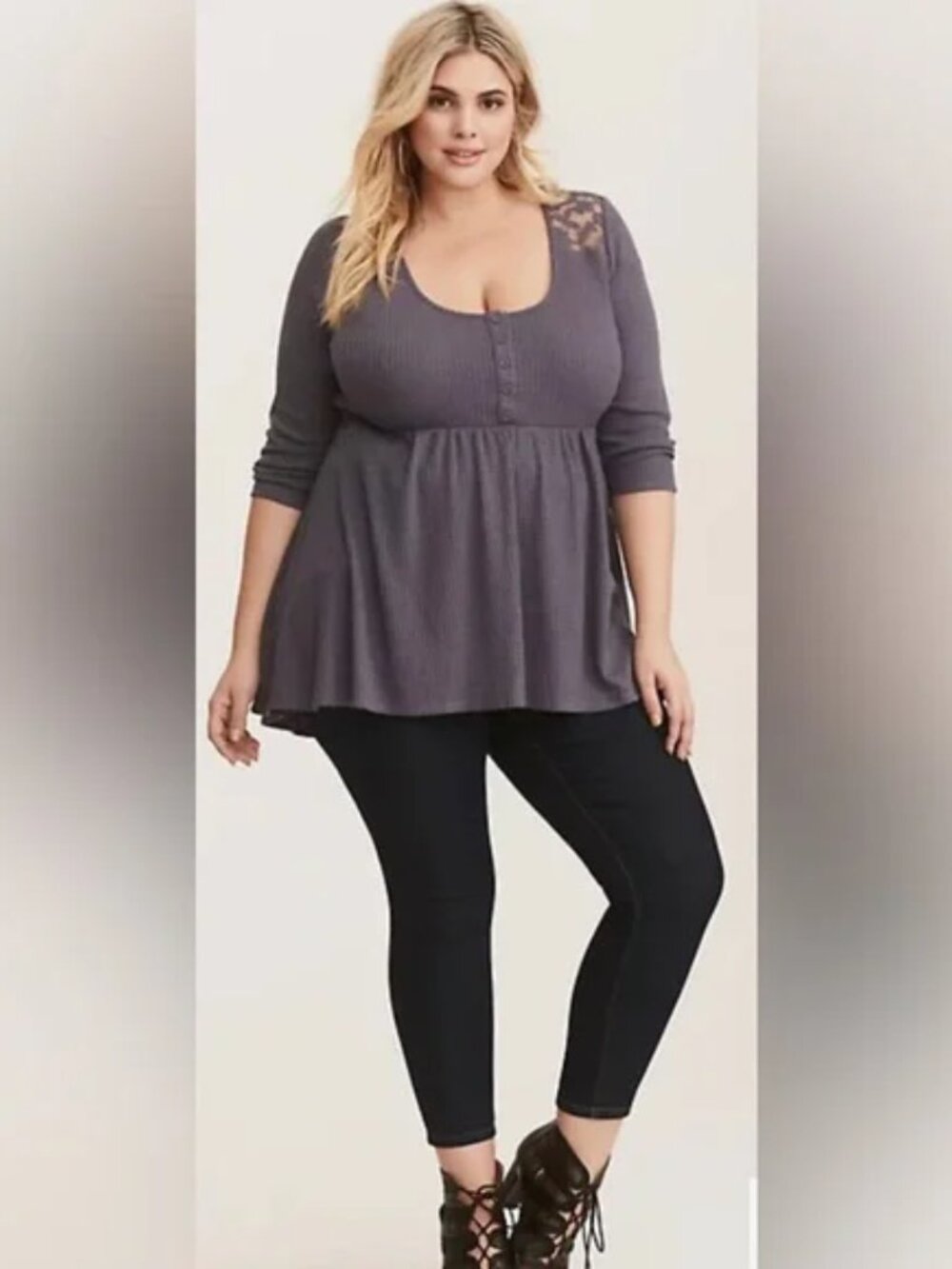 Torrid Gray Waffle Knit Scoop Neck Button-Front Lace Inset Babydoll Top